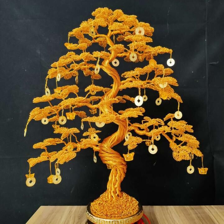 手工銅絲編織發(fā)財(cái)樹車龍鋁鐵絲搖錢樹制作工藝品串珠店鋪孔雀擺件